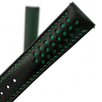 Black and green racing rally Swift watch strap, close-up of racing perforations and green lining