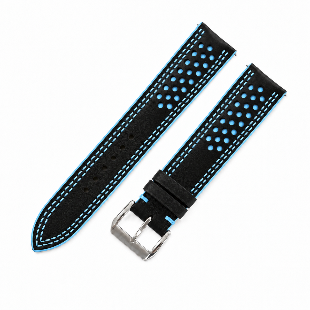 Black and Light Blue Racing Holes Rally Swift Leather Watch Strap - Double Stitch - racing holes underlay detail