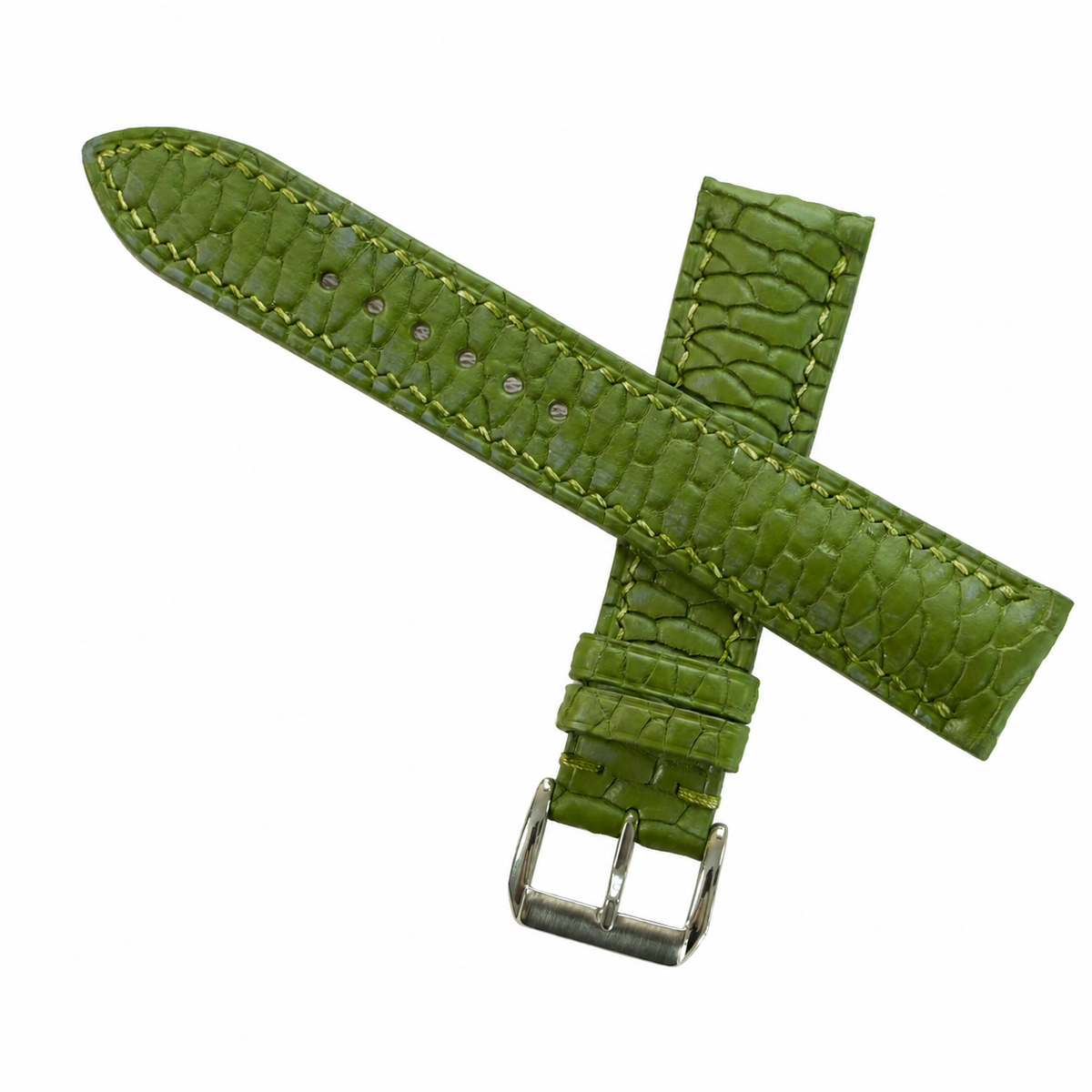 Olive green beaver tail watch strap, underside and soft leather lining detail