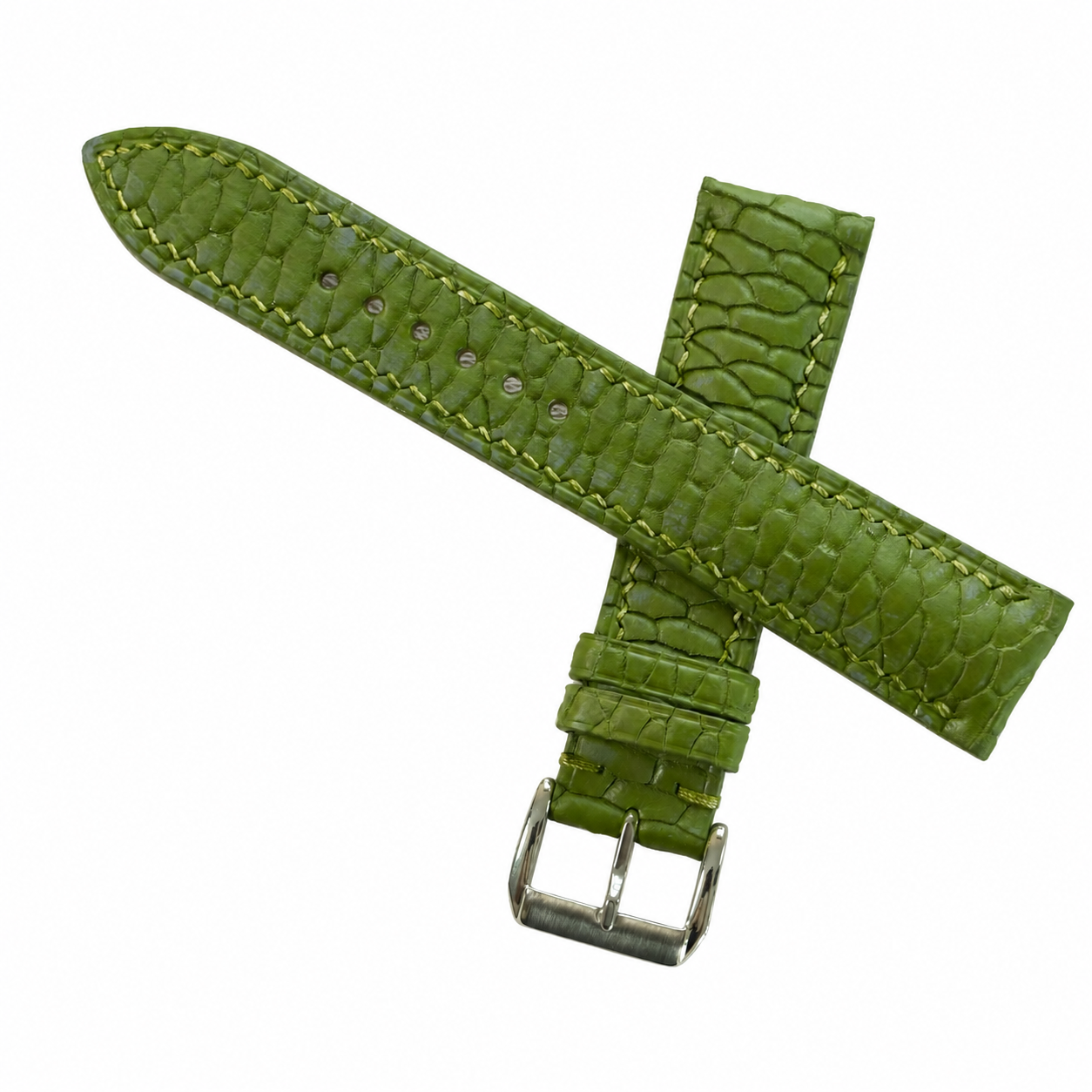 Olive green beaver tail watch strap, underside and soft leather lining detail