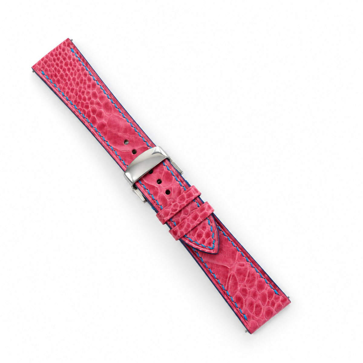 Pink Ostrich Leg Leather Watch Strap - assembled on buckle