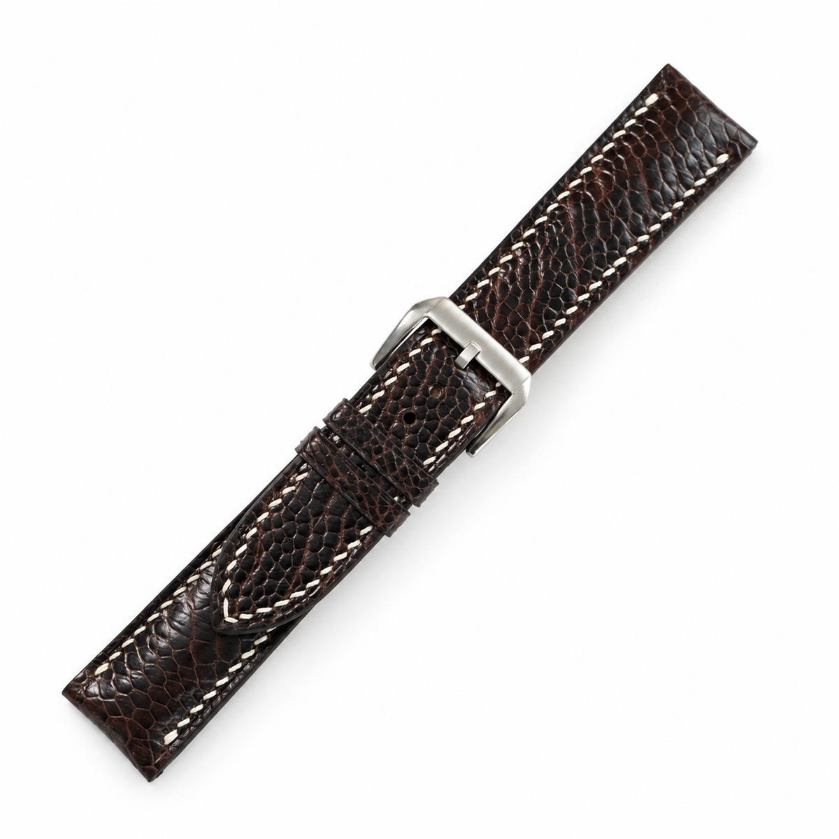 Nicotine Brown Small Scale Ostrich Leg Leather Watch Strap - assembled on buckle