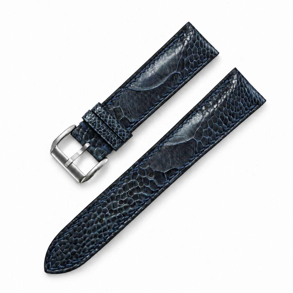 Dark Navy Ostrich Leg Leather Watch Strap - assembled diagonal