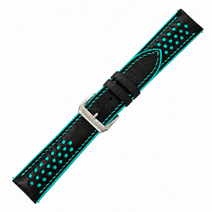 Black and Turquoise Racing Holes Rally Swift Leather Watch Strap - assembled on buckle