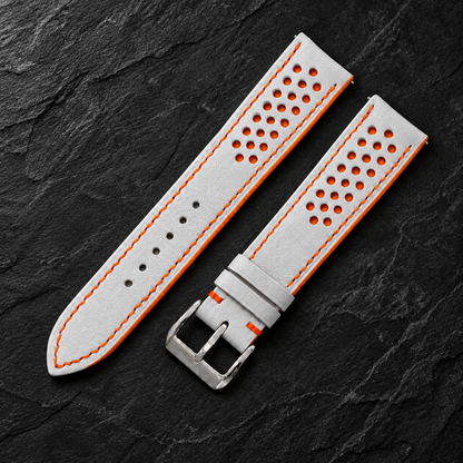 Milky White and Orange Racing Holes Rally Swift Leather Watch Strap - side profile orange edge