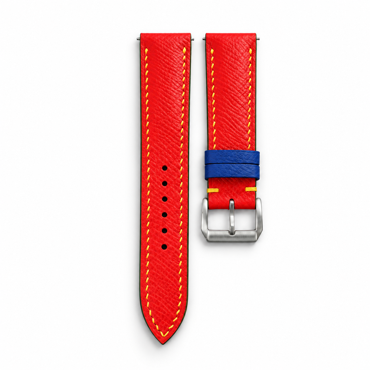 Red Epsom Leather Watch Strap - Yellow Stitch - pebble grain yellow stitch blue keeper