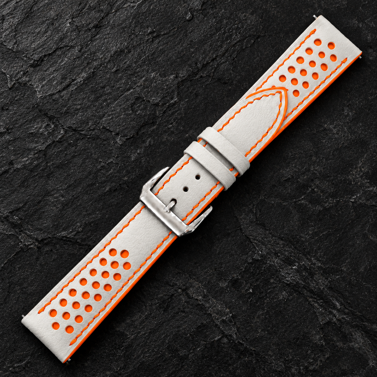 Milky White and Orange Racing Holes Rally Swift Leather Watch Strap - racing holes orange underlay macro