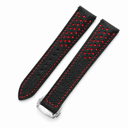 Deployant Racing Rally Black and Red Epsom Leather Watch Strap - two piece diagonal