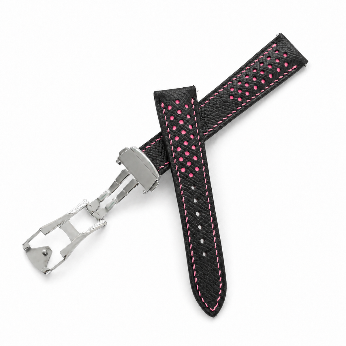 Deployant Racing Rally Black and Pink Epsom Leather Watch Strap - hero
