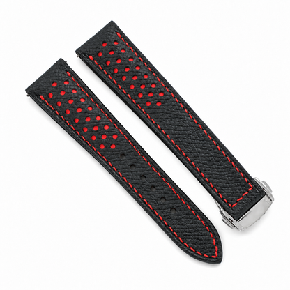 Deployant Racing Rally Black and Red Epsom Leather Watch Strap - side profile red stitch