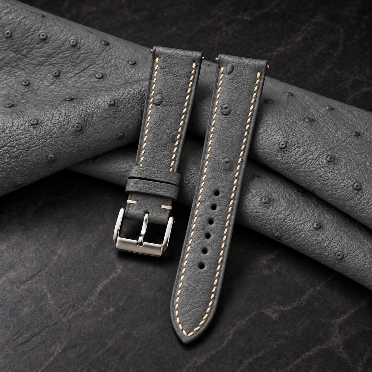Charcoal Gray Ostrich Leather Watch Strap - hero