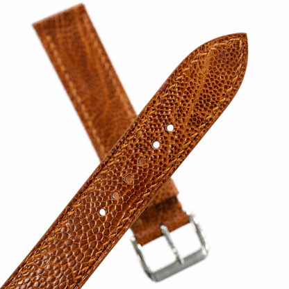 Golden cognac ostrich leg watch strap, angled view with buckle