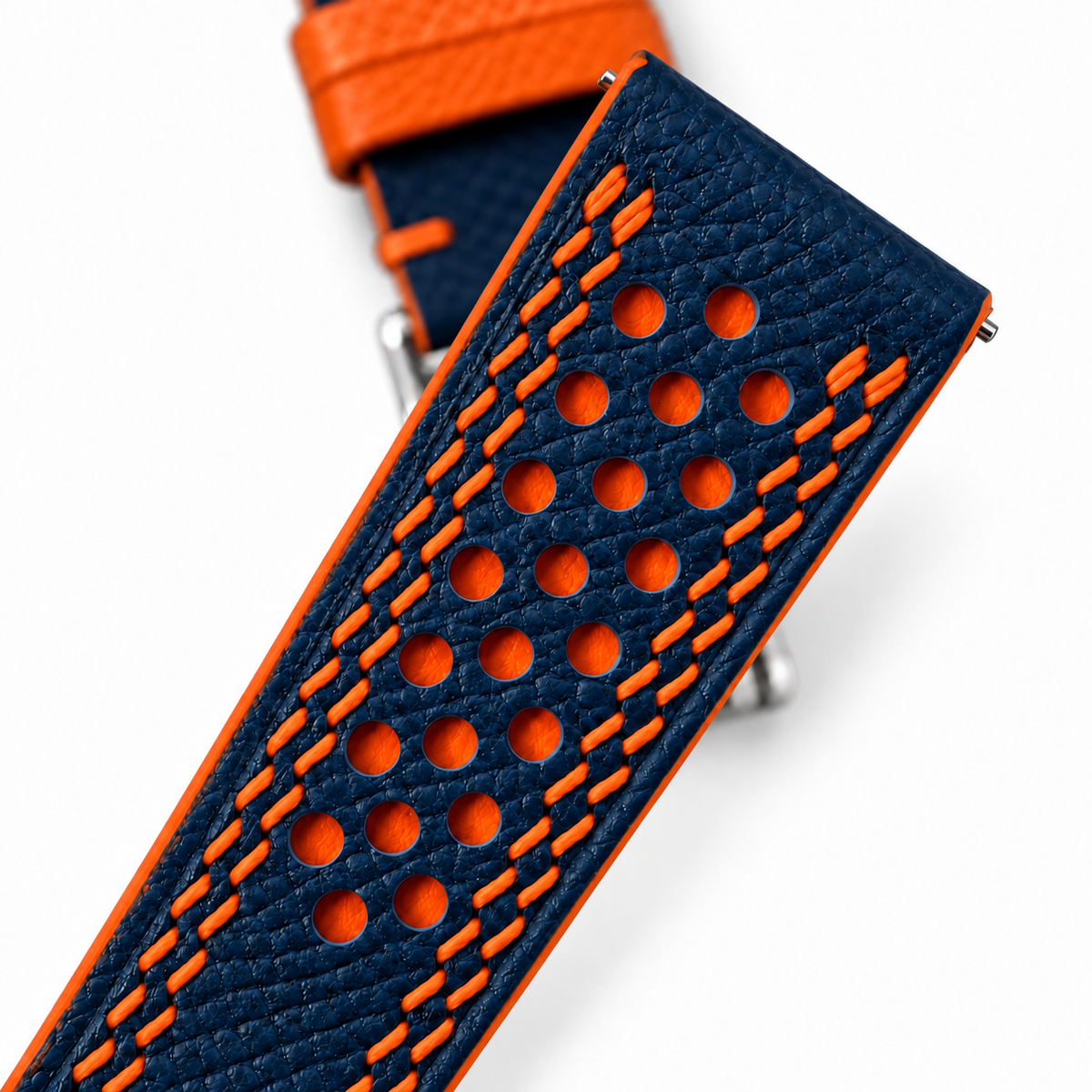 Navy and Orange Racing Holes Rally Epsom Leather Watch Strap - Orange Double Stitch - side profile orange edge
