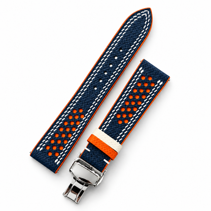 Navy and Orange Racing Holes Rally Epsom Leather Watch Strap - Double Stitch - two piece diagonal