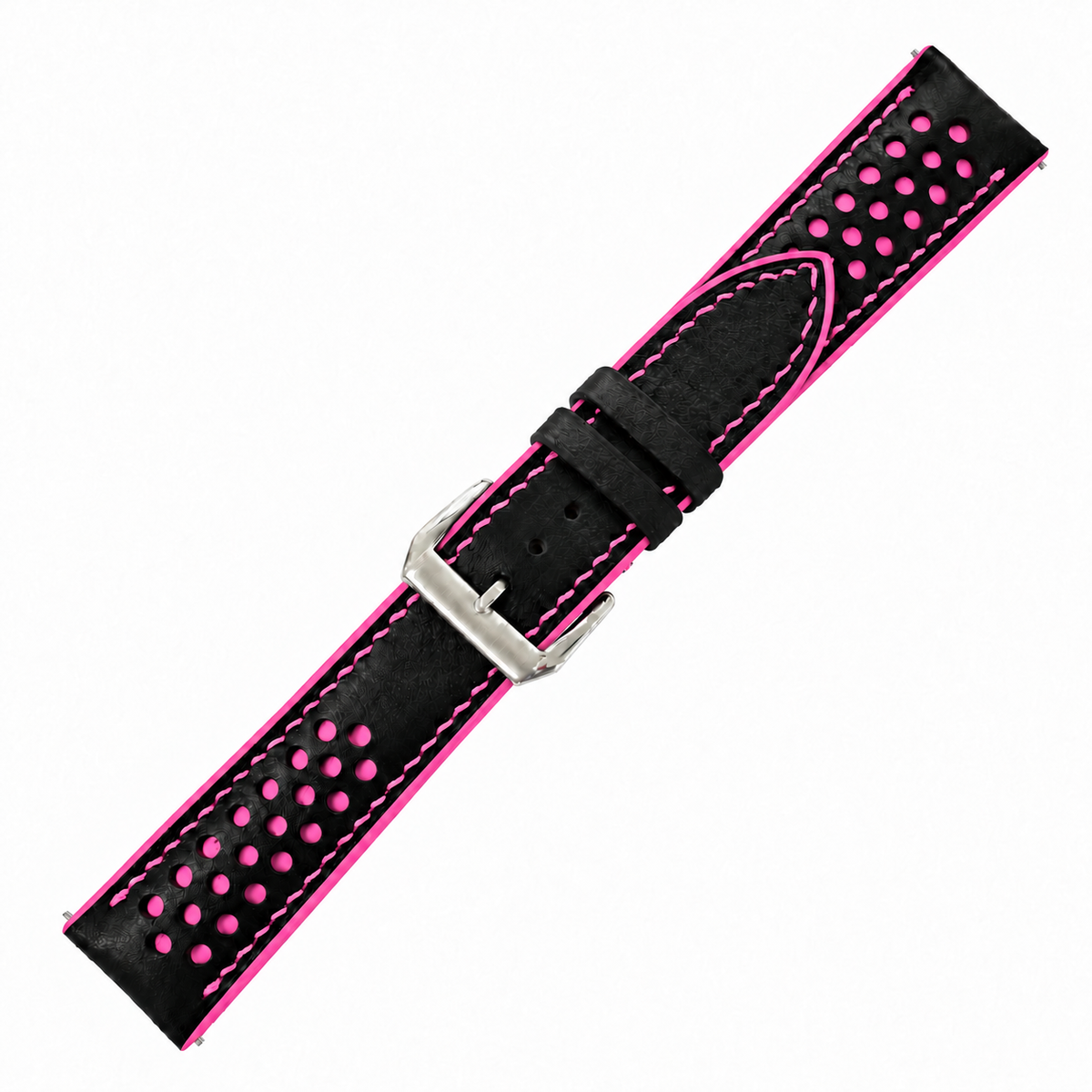 Black and Pink Racing Holes Rally Swift Leather Watch Strap - pink stitch detail