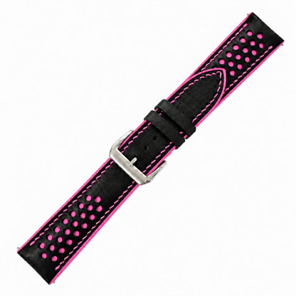 Black and Pink Racing Holes Rally Swift Leather Watch Strap - pink stitch detail
