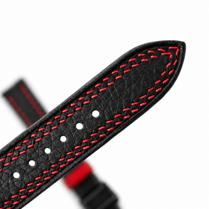 Black Togo Red Double Stitch Leather Watch Strap - two piece diagonal