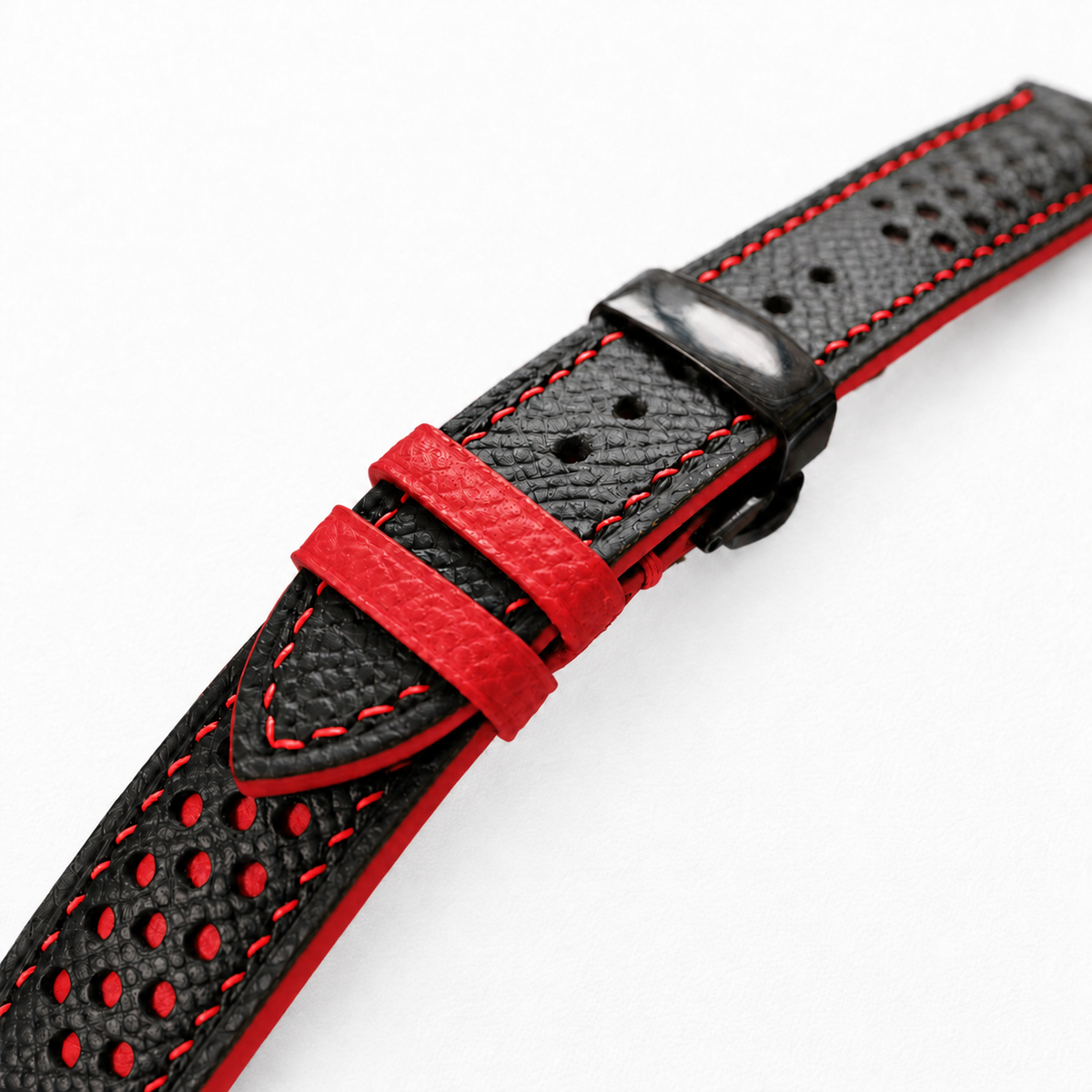 Black and Red Racing Holes Rally Epsom Leather Watch Strap - Red Keeper - assembled on buckle