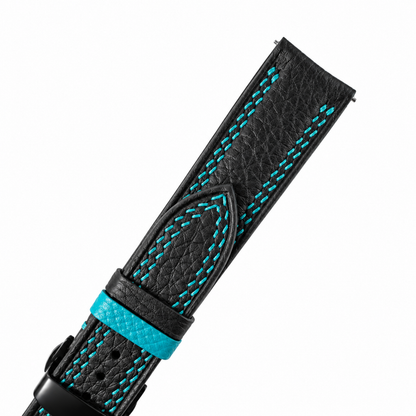 Black Togo Turquoise Double Stitch Leather Watch Strap - turquoise double stitching detail