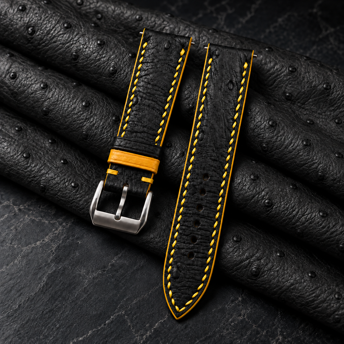 Black Ostrich Leather Watch Strap - Yellow Stitch - hero