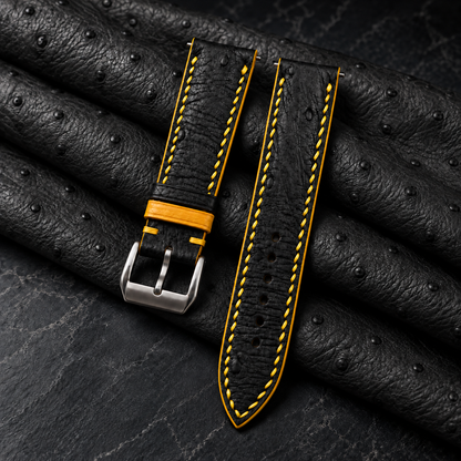 Black Ostrich Leather Watch Strap - Yellow Stitch - hero