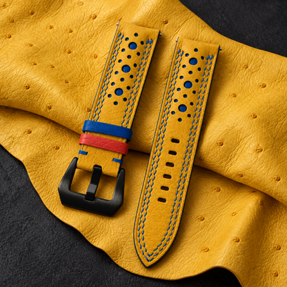 Yellow Ostrich Racing Large Holes Leather Watch Strap - hero