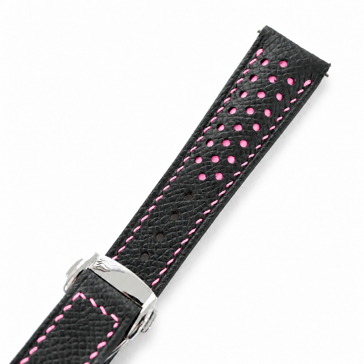 Deployant Racing Rally Black and Pink Epsom Leather Watch Strap - assembled on deployant clasp