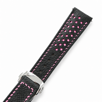 Deployant Racing Rally Black and Pink Epsom Leather Watch Strap - assembled on deployant clasp