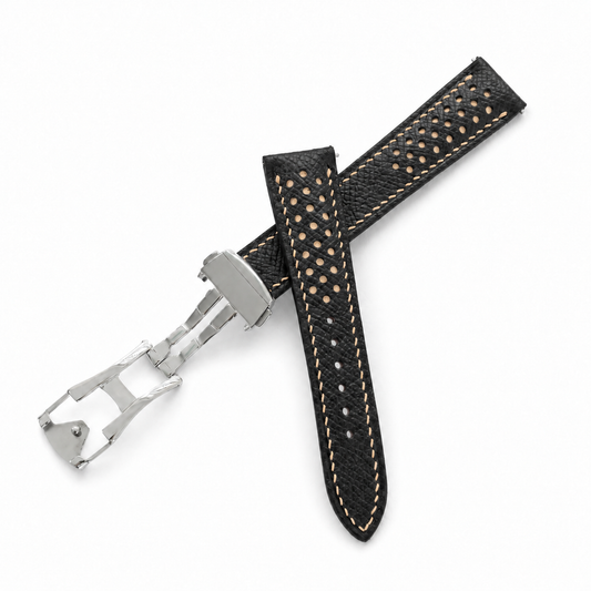 Deployant Racing Rally Black and Beige Epsom Leather Watch Strap - hero