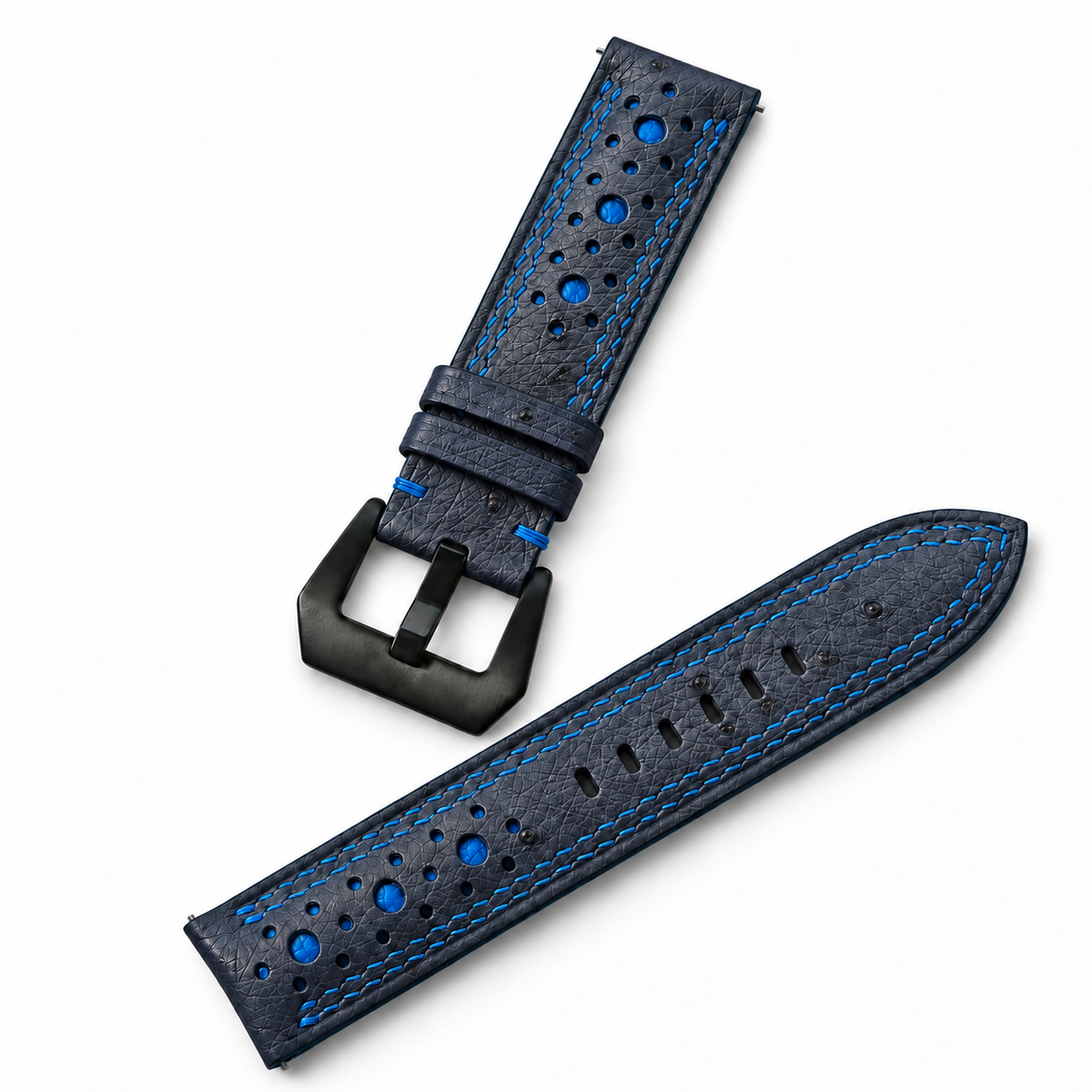 Midnight Navy and Blue Ostrich Racing Large Holes Leather Watch Strap - Double Stitch - detail 6