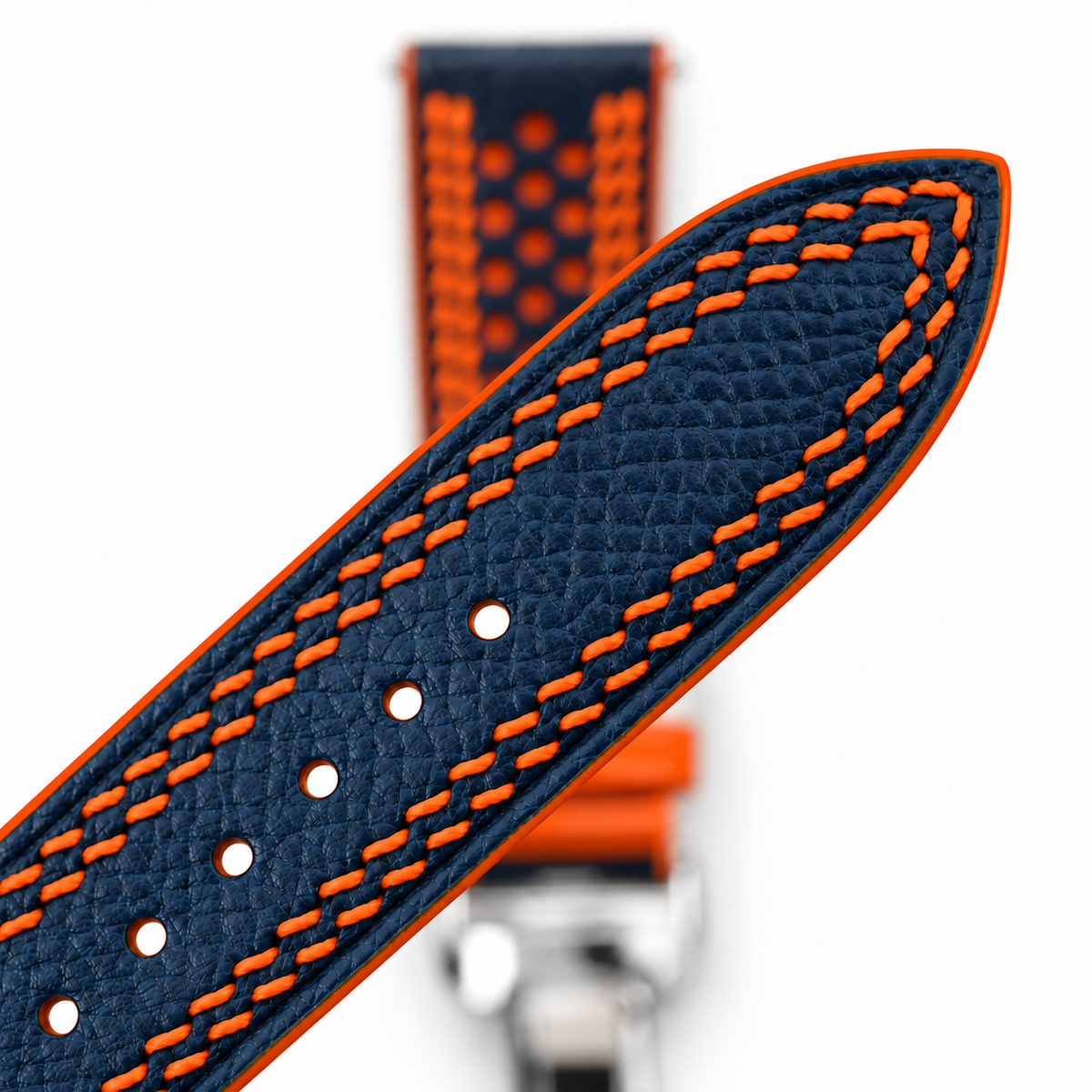 Navy and Orange Racing Holes Rally Epsom Leather Watch Strap - Orange Double Stitch - two piece diagonal