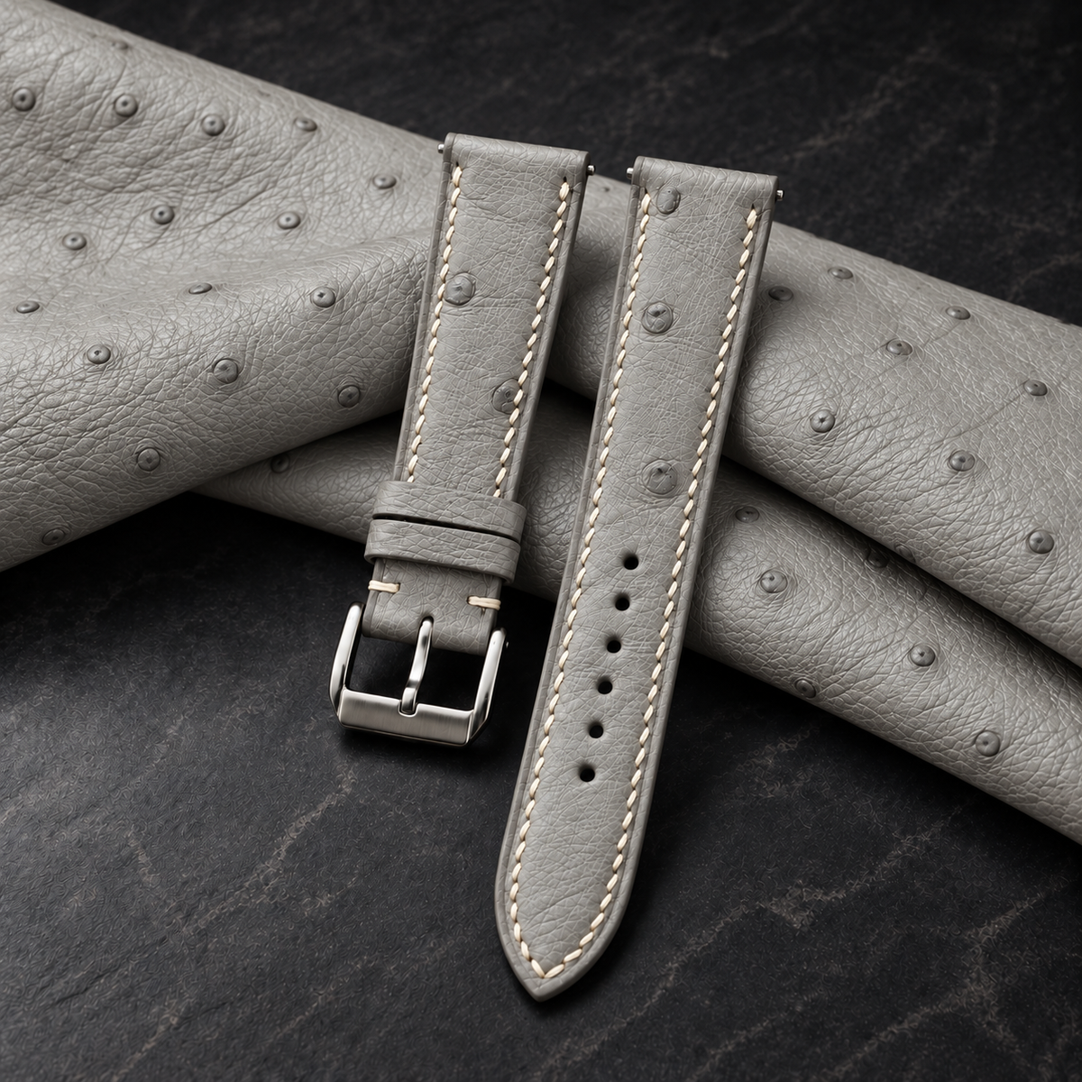 Stone Gray Ostrich Leather Watch Strap - hero