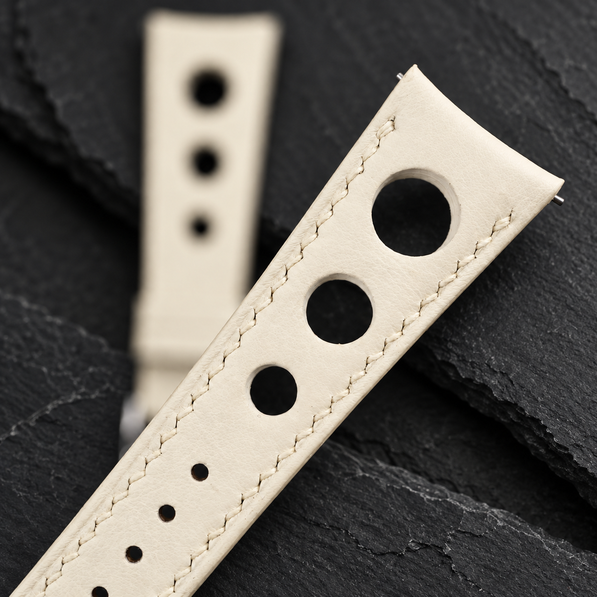 Milky White 3 Holes Rally Swift Leather Watch Strap - three large rally holes macro