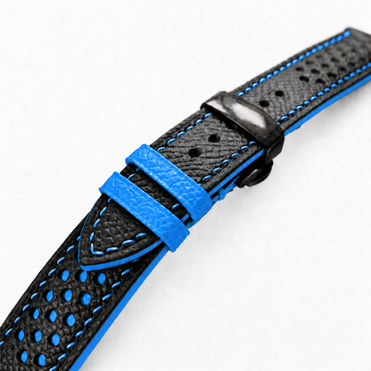 Black and Blue Racing Holes Rally Epsom Leather Watch Strap - Blue Keeper - assembled on buckle