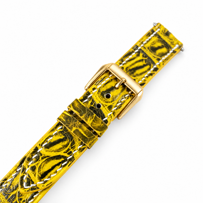 Lemon Yellow Black Patina Alligator Leather Watch Strap - topside scale macro