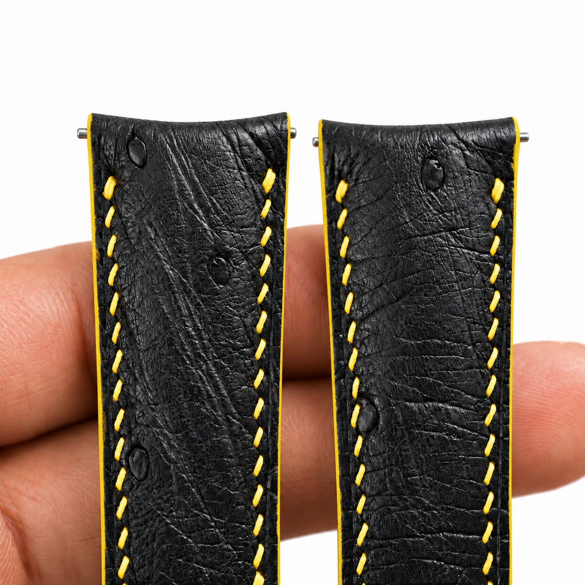 Black Ostrich Leather Watch Strap - Yellow Stitch - yellow stitch detail