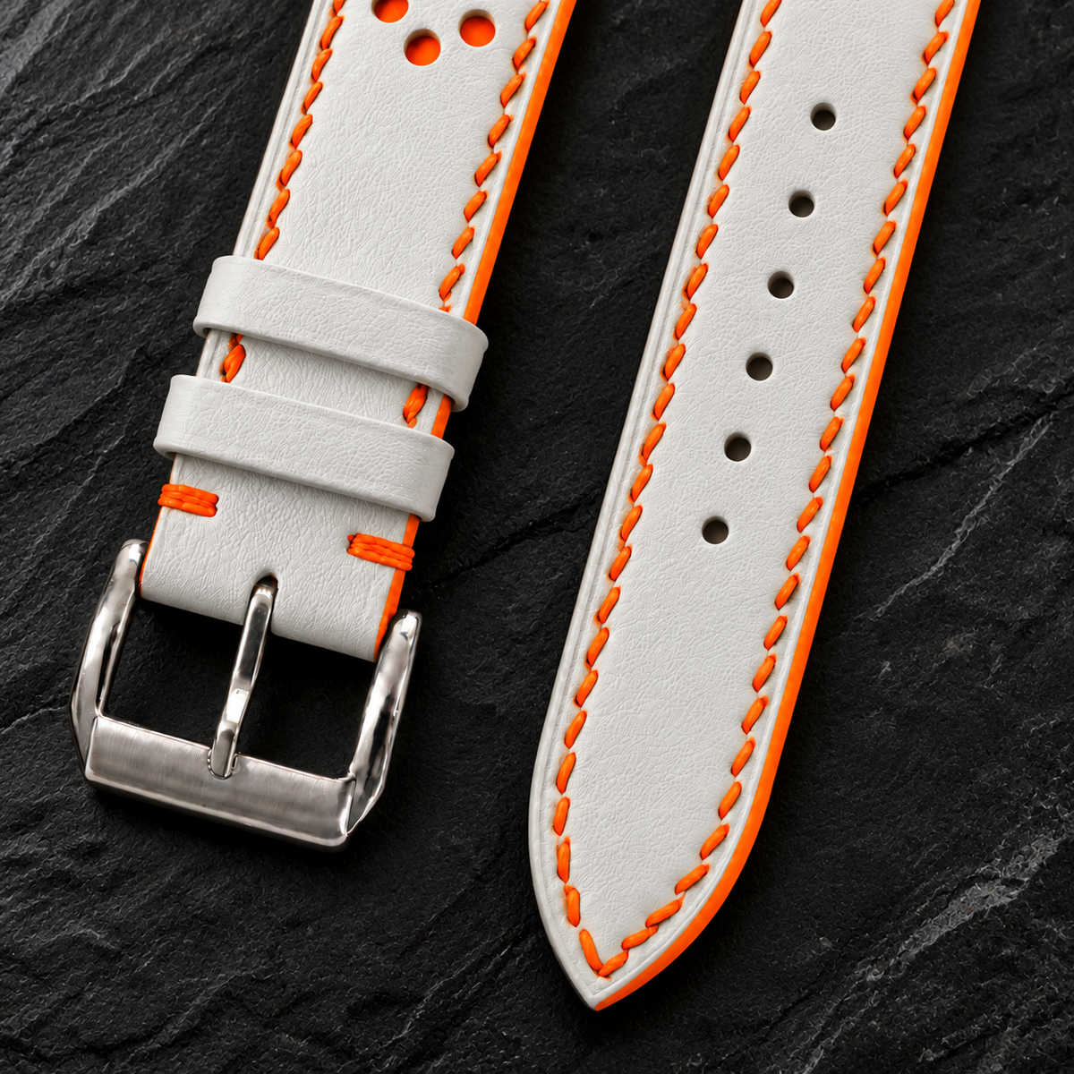 Milky White and Orange Racing Holes Rally Swift Leather Watch Strap - assembled on buckle