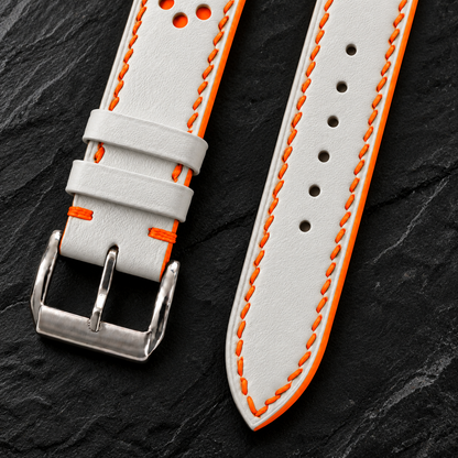 Milky White and Orange Racing Holes Rally Swift Leather Watch Strap - assembled on buckle