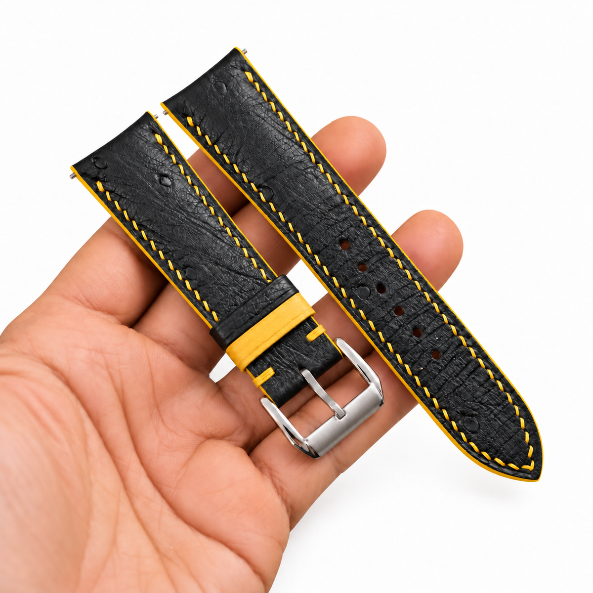 Black Ostrich Leather Watch Strap - Yellow Stitch - two piece diagonal