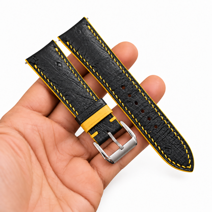 Black Ostrich Leather Watch Strap - Yellow Stitch - two piece diagonal