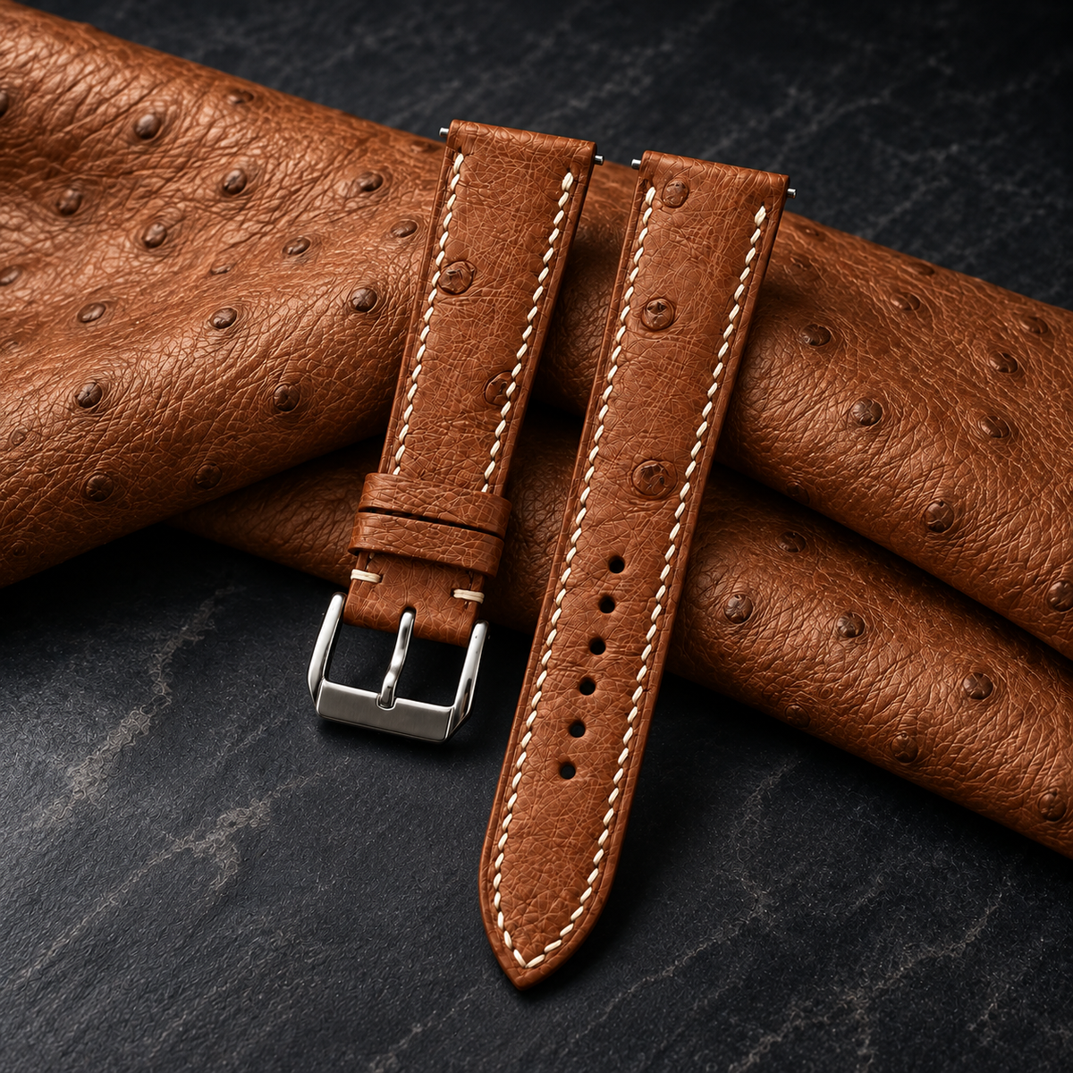 Cognac Brown Ostrich Leather Watch Strap - hero