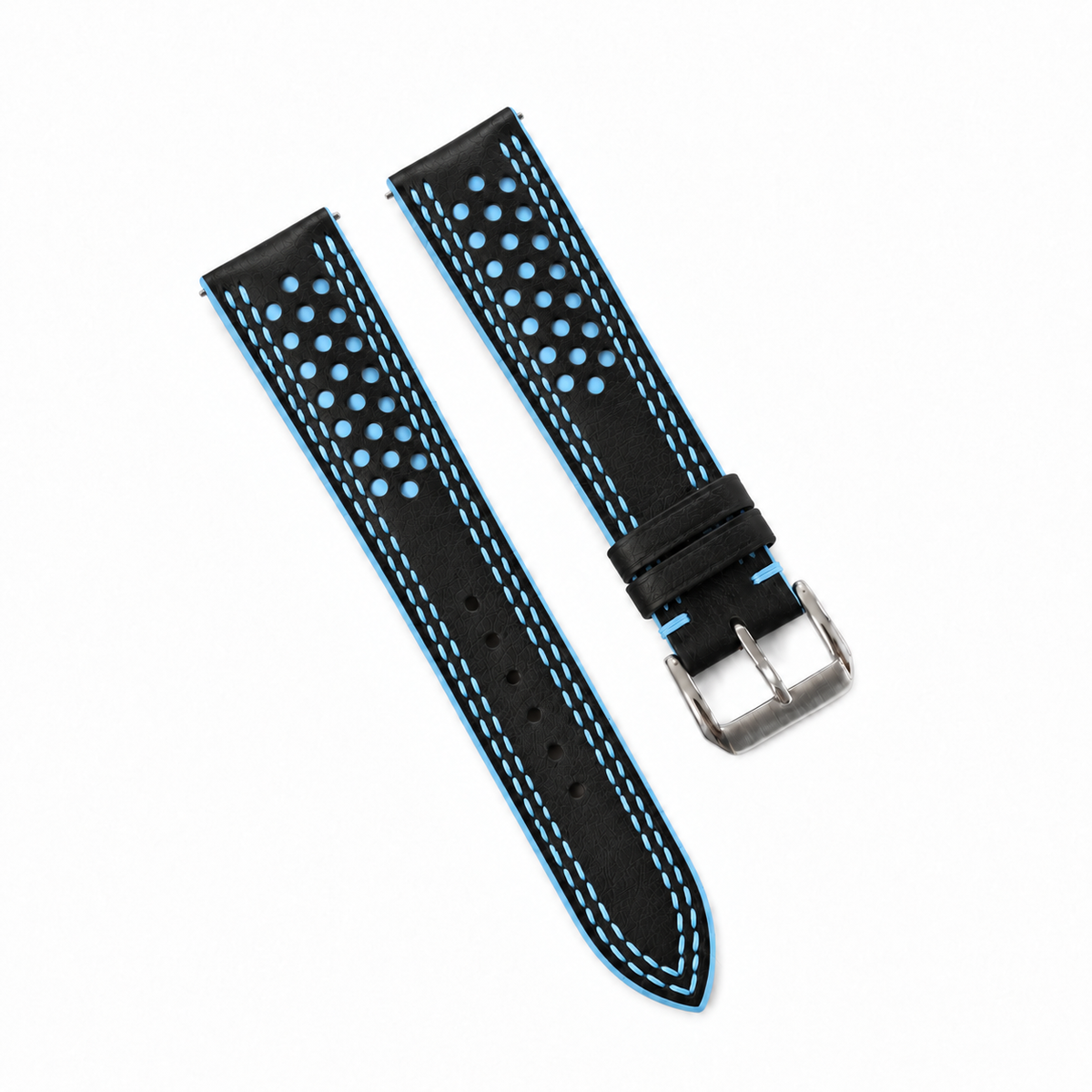 Black and Light Blue Racing Holes Rally Swift Leather Watch Strap - Double Stitch - side profile double stitch