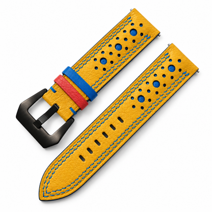 Yellow Ostrich Racing Large Holes Leather Watch Strap - product front