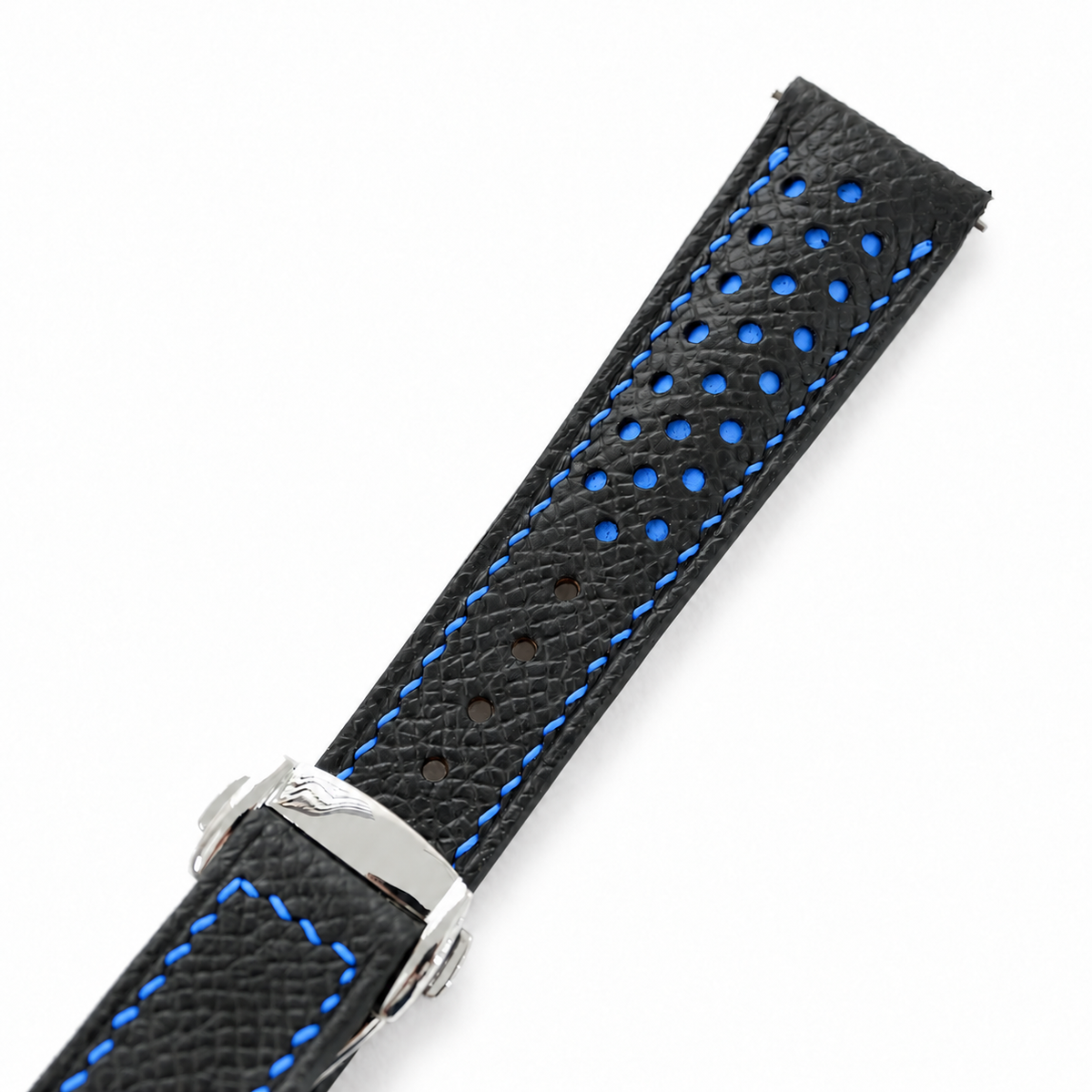 Deployant Racing Rally Black and Blue Epsom Leather Watch Strap - assembled on deployant clasp
