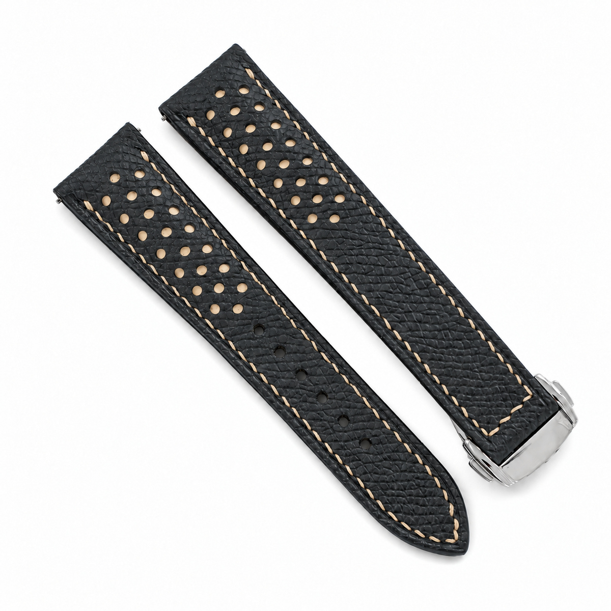 Deployant Racing Rally Black and Beige Epsom Leather Watch Strap - assembled on deployant clasp
