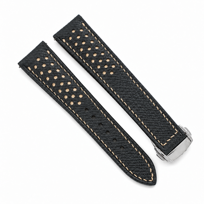 Deployant Racing Rally Black and Beige Epsom Leather Watch Strap - assembled on deployant clasp