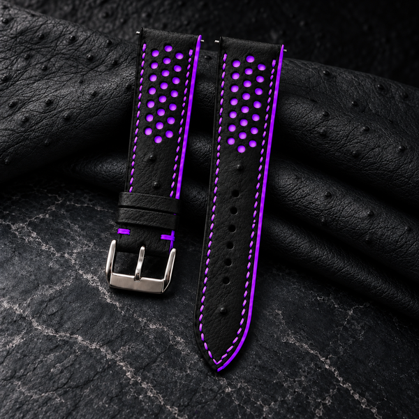 Black and Purple Racing Small Holes Ostrich Leather Watch Strap