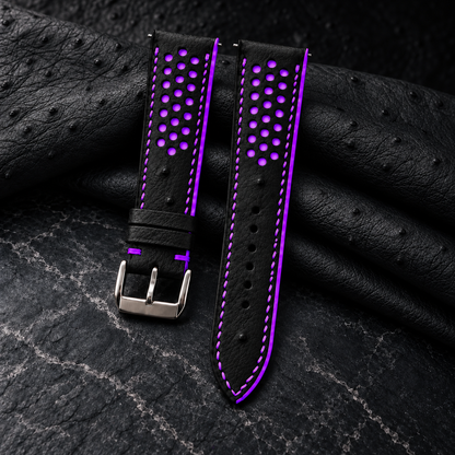 Black and Purple Racing Small Holes Ostrich Leather Watch Strap - hero
