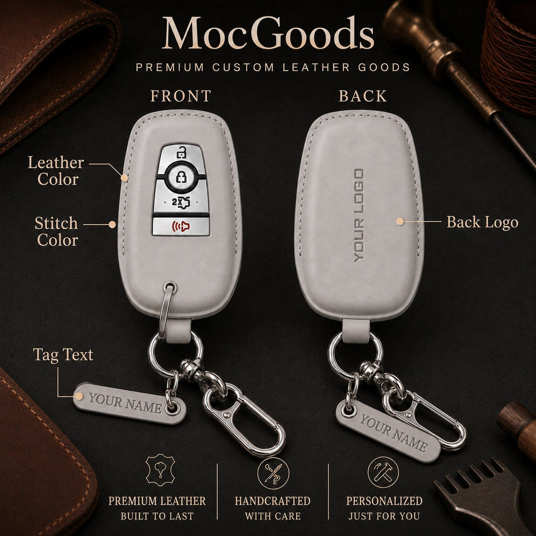 Custom leather key fob - Full Cover style: front and back annotated with leather color, stitch color, back logo, personalized tag text