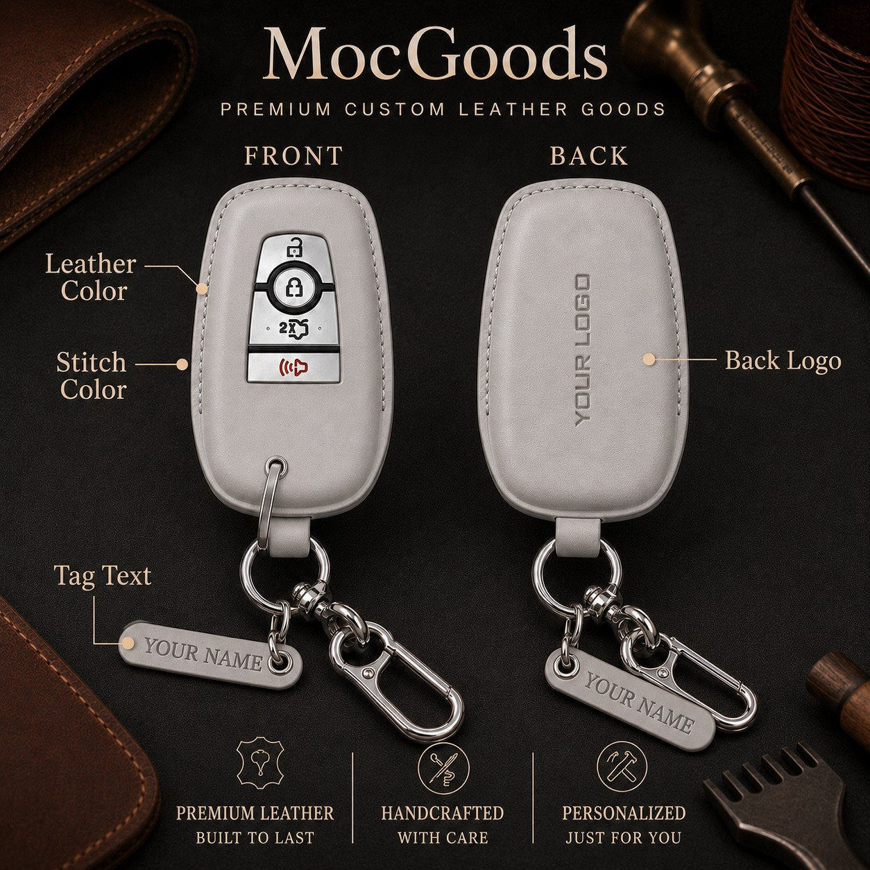 Custom leather key fob - Button Cutting style: front exposes original buttons, back annotated with leather color, stitch color, back logo, personalized tag text